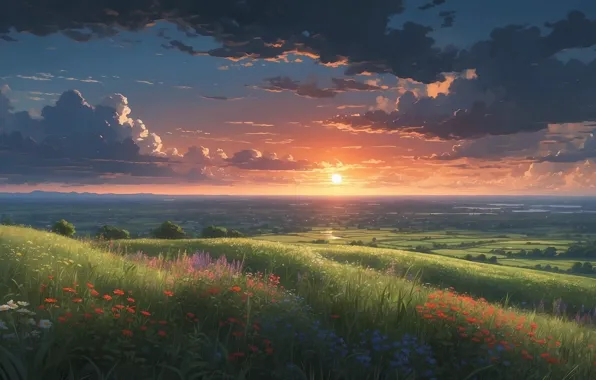 Sky, trees, landscape, nature, sunset, anime, flowers, mountains