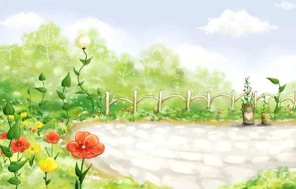Картинка облака, цветы, забор