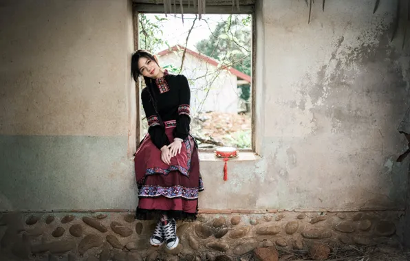 Девушка, окно, азиатка