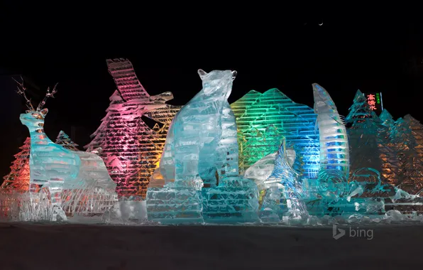Картинка свет, ночь, цвет, Японии, Саппоро, ледяные скульптуры, Winter Festival