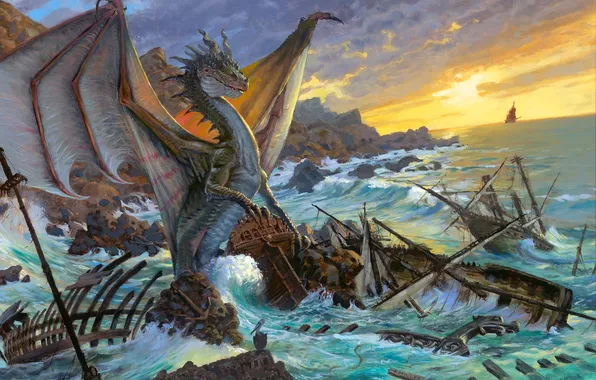 Картинка море, фантастика, скалы, дракон, корабль, крылья, арт