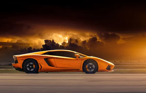 Картинка оранжевый, Lamborghini, профиль, ламборджини, orange, LP700-4, Aventador, ламборгини