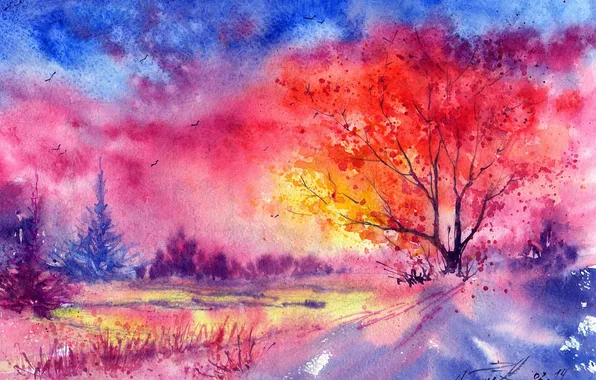 Картинка зима, деревья, закат, птицы, нарисованный пейзаж