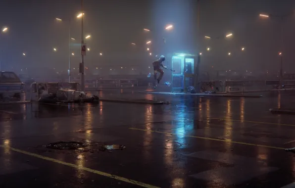 Картинка ночь, туман, космонавт, фонари, парковка, будка, Eimer, 52Hz
