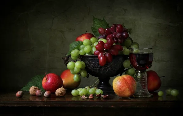 Стиль, яблоки, виноград, ваза, фрукты, орехи, натюрморт, бокал вина