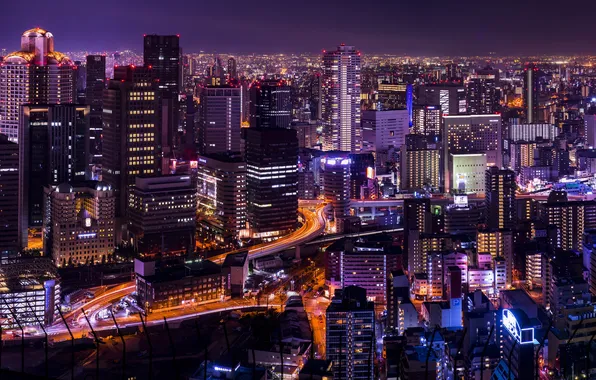 Город, Япония, Небоскребы, City, Japan, Skyscrapers, Яркие огни, Lights Bright