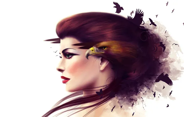 Картинка девушка, лицо, коллаж, птица, орел, клюв, профиль