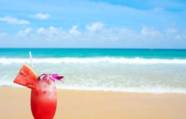 Песок, море, волны, пляж, лето, арбуз, коктейль, summer