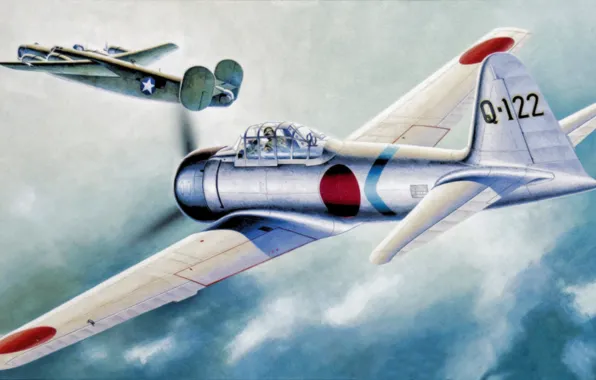 Картинка war, art, painting, ww2, b24-liberator, Mitsubishi A6m3, zero fighter type 32