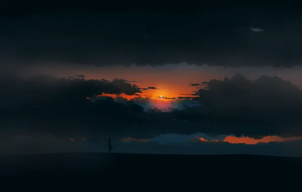 Картинка girl, twilight, sky, landscape, Sunset, art, figure, clouds