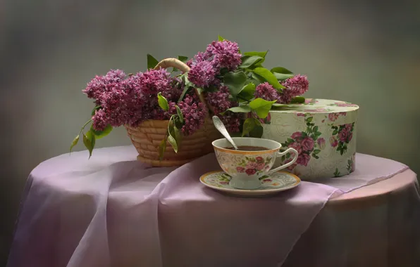 Картинка цветы, чай, букет, натюрморт, сирень