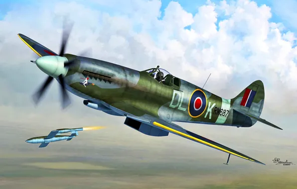 Картинка Supermarine Spitfire, V-1, Фау-1, Spitfire Mk.XIV, оружие возмездия-1