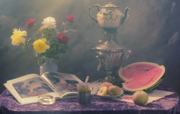 Стакан, стол, чай, яблоки, розы, букет, арбуз, чайник
