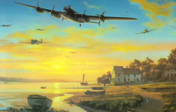 War, airplane, painting, ww2, Avro Lancaster, british bomber, aviation art