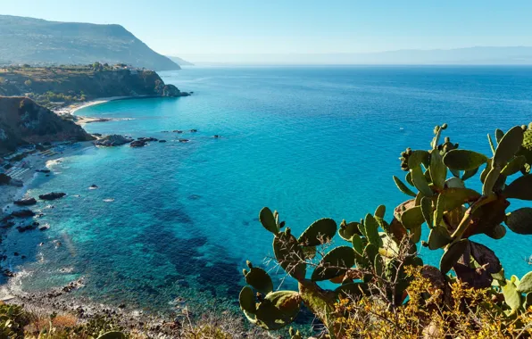 Картинка rock, sky, sea, landscape, Italy, plants, Calabria, Capo Vaticano