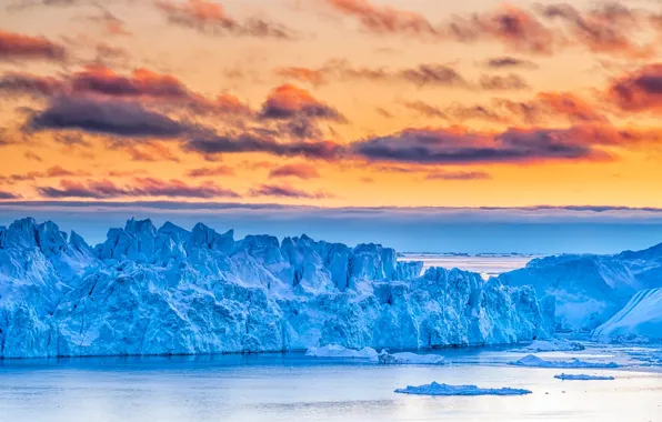 Картинка море, небо, облака, лёд, глыбы, Гренландия