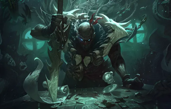 Стол, мужик, маска, клинок, League of Legends, Лига Легенд