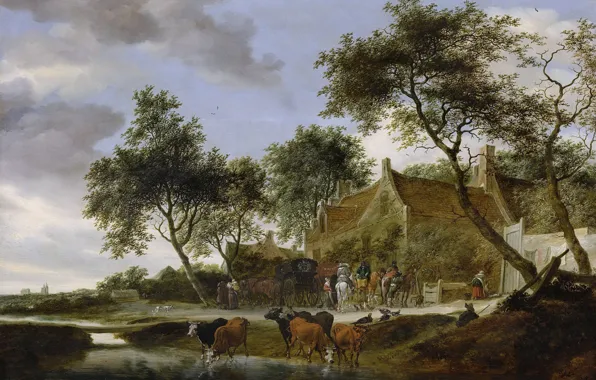 Картинка пейзаж, дома, картина, коровы, Salomon van Ruysdael, Соломон ван Рёйсдал, Pleisterplaats