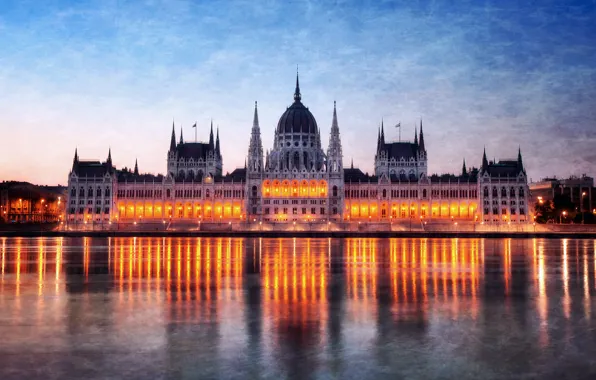Ночь, огни, отражение, река, подсветка, парламент, Венгрия, Будапешт
