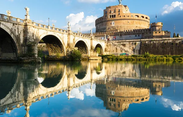 Мост, отражение, река, Рим, Италия, Тибр, замок Святого Ангела