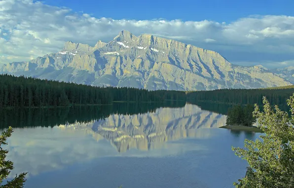 Лес, небо, горы, озеро, Канада, Альберта, Banff National Park, two jack