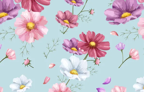Картинка цветы, фон, рисунок, colorful, орнамент, pink, flowers, цветочный