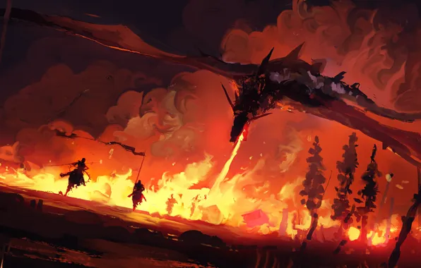 Fire, fantasy, trees, painting, dragon, battle, Game of Thrones, digital art