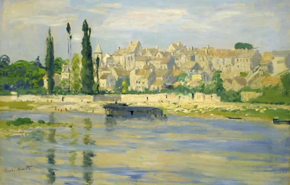 Картинка пейзаж, город, река, дома, картина, Клод Моне