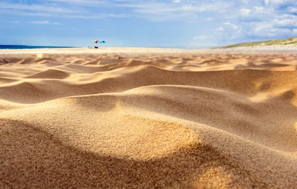 Песок, море, пляж, фокус, зонтики
