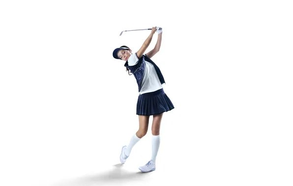 Girl, golf, sports, skirt, sneakers, knee socks, putter