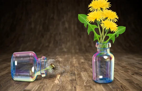 Flowers, dandelions, bottles, decoration, Still Life