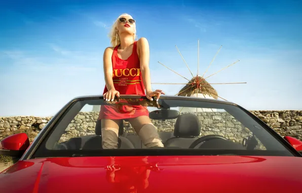 Украшения, позитив, серьги, блондинка, кабриолет, красное платье, convertible, blue sky