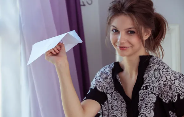 Girl, woman, young, smile, beautiful, airplane, paper, clothing