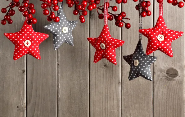 Звезды, украшения, ягоды, Новый Год, Рождество, Christmas, wood, decoration