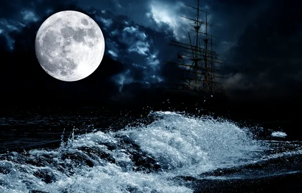 Море, ночь, луна, волна, корабль, парусник