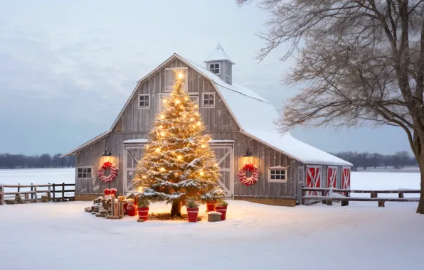 Зима, снег, украшения, шары, елка, Новый Год, Рождество, подарки