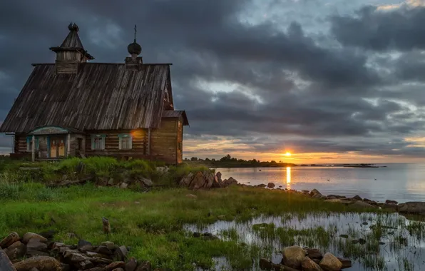 Картинка вода, закат, вечер, церковь, храм