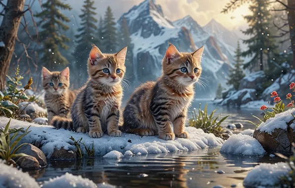 Кошка, кот, снег, горы, ручей, весна, котята, котёнок
