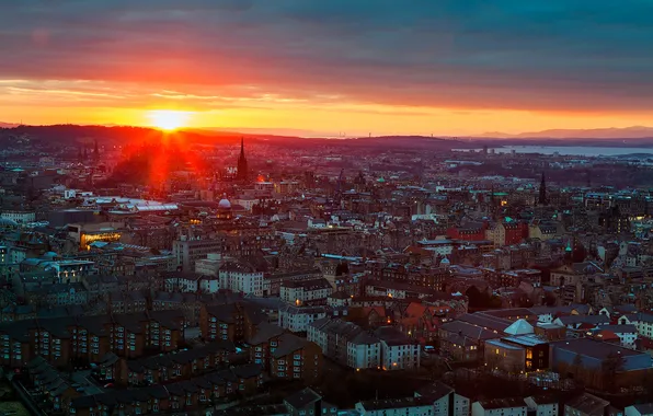 Картинка закат, город, вид, здания, вечер, Шотландия, панорама, Scotland