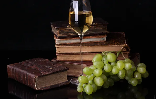 Картинка отражение, стол, вино, бокал, книги, виноград, пища для ума