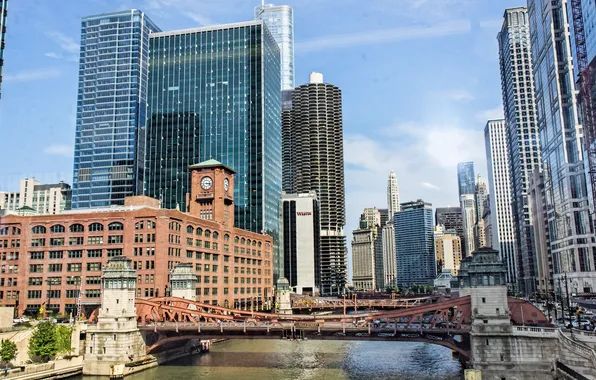 Картинка город, фото, дома, небоскребы, Чикаго, США, мосты