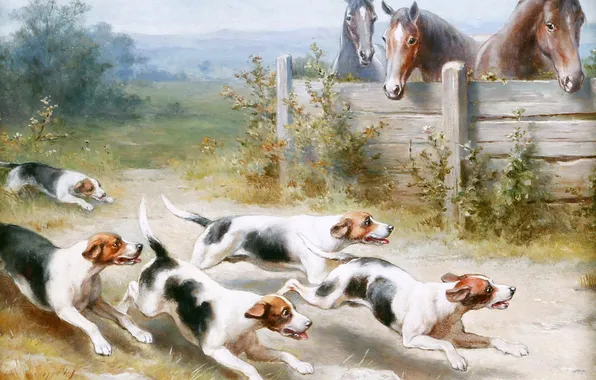 Бег, Картина, Собаки, Лошади, Джек Рассел, Carl Reichert, Карл Райхерт, Австрийский художник