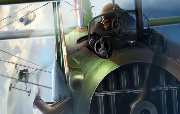 Картинка Истребитель, Биплан, SPAD S.XIII, Первая Мировая война, Лётчик, 2x7.7-мм пулемёта Vickers