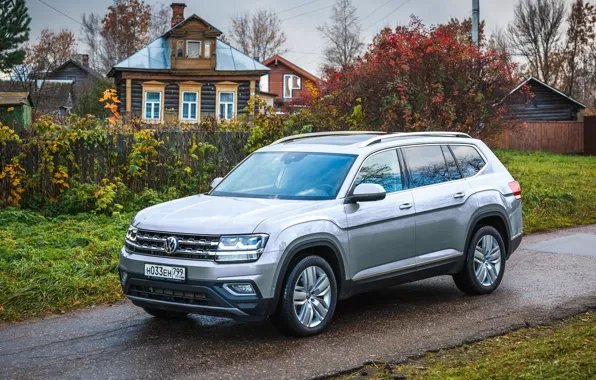 Дорога, car, машина, осень, небо, пасмурно, дома, Volkswagen