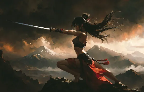 Картинка sword, long hair, women, dark hair, AI art