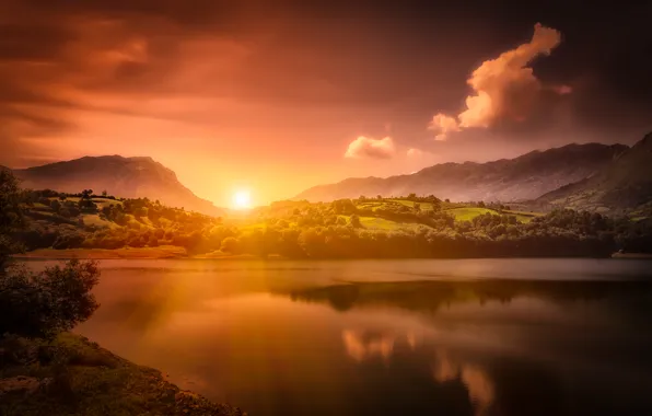 Закат, горы, Испания, Spain, Asturias, Астурия, водохранилище, Alfilorios Reservoir