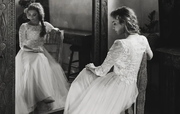 Картинка девушка, отражение, зеркало, невеста, белое платье
