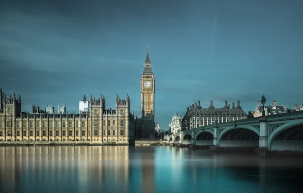 Картинка небо, мост, река, часы, Англия, Лондон, башня, Темза