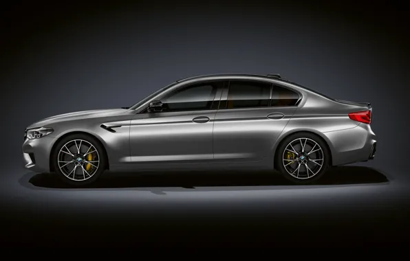 Картинка серый, фон, BMW, профиль, седан, тёмный, 4x4, 2018, 625 л.с., четырёхдверный, M5, V8, F90, 4.4 …