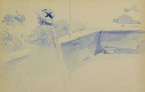 Рисунок, акварель, Henri Edmond Cross, Анри Кросс, Женщина на Балконе